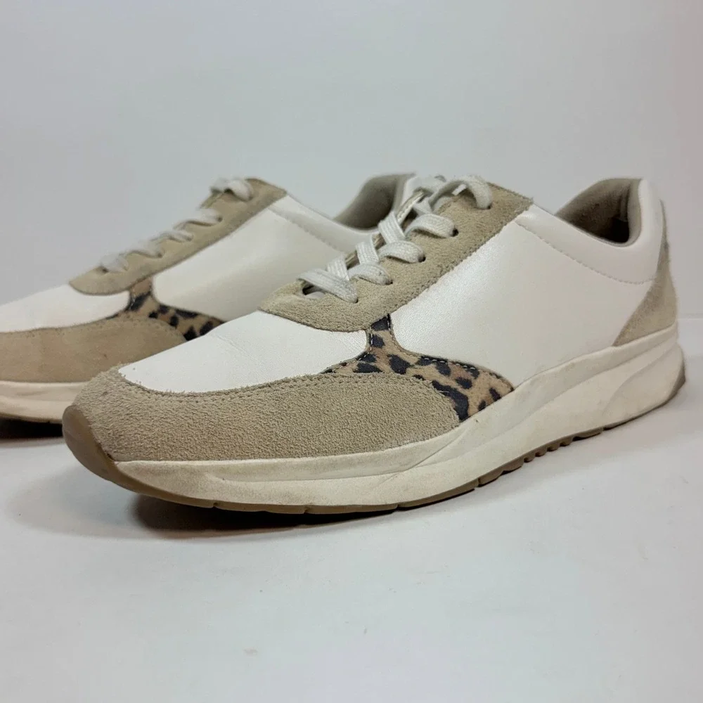 Naturalizer Womens 8.5 Leather Sneakers White Beige Leopard Print Suede Casual